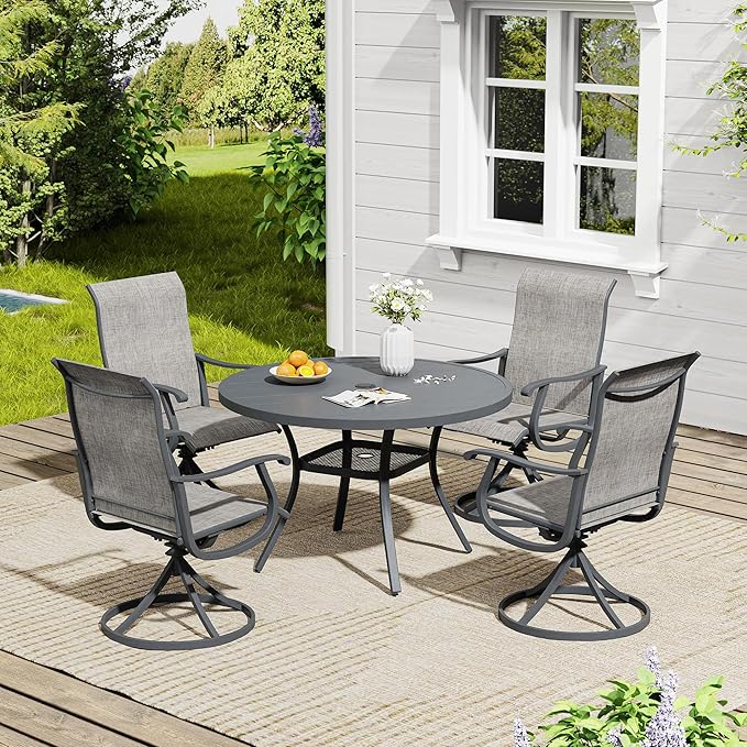 VICLLAX Outdoor Patio Round Dining Table, 41"x 41" Metal Slatted Round Tabletop with Adjustable Umbrella Hole for Dining Yard Porch, Dark Grey Finish