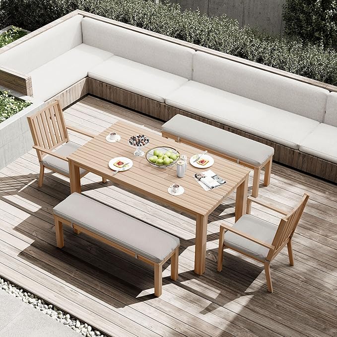 Outdoor Patio Bench, Metal Aluminum Outdoor Bench with Waterproof Cushions, Furniture Seating for Porch, Balcony, Deck, Backyard, Light Wood Color