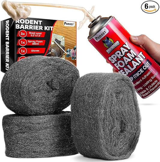 Rodent Barrier Kit, 3PCS Steel Wool Included PU Foam Hole Filler, 3.2"x7.5’ Steel Wool for Mice Control, Rodent Control Fill Fabric, Gloves, Scissors, Gap Blocker in Hole Pipeline Vent in House Garage