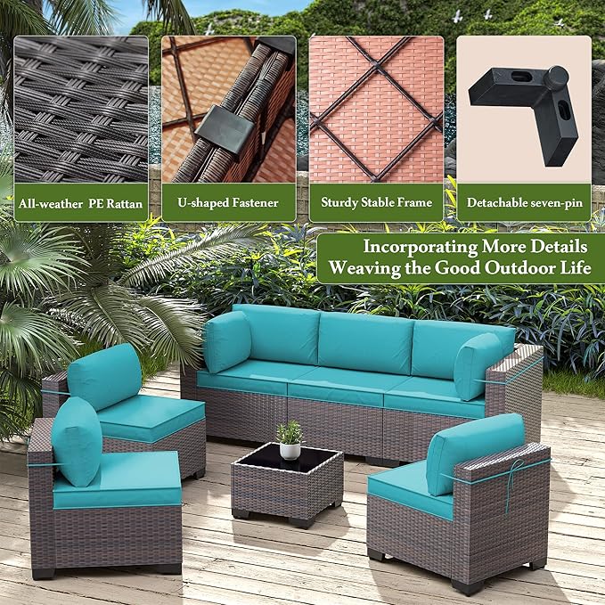 Outdoor Patio Furniture Set, 7 Pieces Outdoor Furniture All Weather Patio Sectional Sofa PE Wicker Modular Conversation Sets with Coffee Table,6 Chairs & Seat Clips(Turquoise Blue)