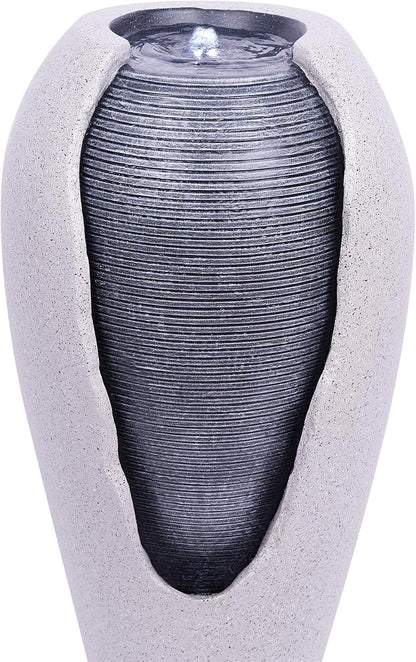 Alpine Corporation - 29" Tall Two Tone Ribbed Jar Floor Fountain with LED Lights – Elegant Indoor/Outdoor Water Feature, Easy Setup with Pump & Plug-in Design (Gray)
