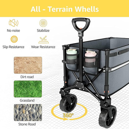 Collapsible Wagon Cart with Wheels Foldable - Folding Utility Heavy Duty Wagons Carts for Grocery Sports Garden Shopping Camping Wheelbarrows (Gray, 120L)