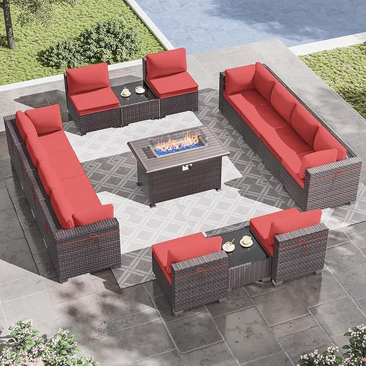 Outdoor Patio Furniture Set with Propane Fire Pit Table, 15 Pieces Outdoor Furniture Patio Sectional Sofa Conversation Sets w/ETL Approved 43" Gas Outdoor Fire Table & Coffee Table(Red)