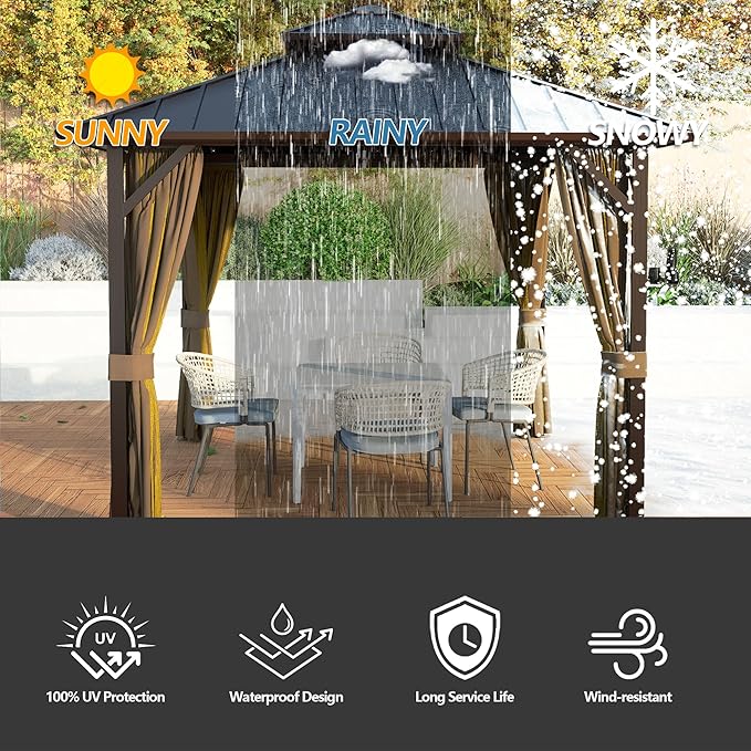 10' x 10' Outdoor Hardtop Gazebo Aluminum Frame with Double Metal Roof, Canopy Netting, Curtain, Patio Permanent Galvanized Steel Gazebo for Backyard, Garden, Party, Deck, Lawn