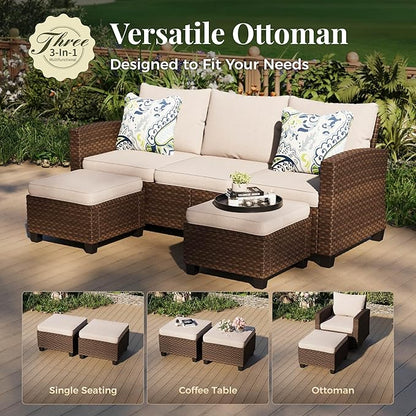 Patio Furniture Set, 8 Pcs Wicker Rattan Outdoor Conversation Set, 4 x Leg Chairs, 1 x 3 Seater Sofa and 2 x Ottoman with 4" Thick Cushion and 56" Fire Pit Table, Beige
