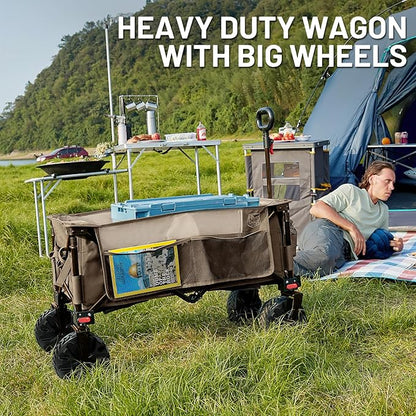 Timber Ridge Outdoor Collapsible Wagon Utility Folding Cart Heavy Duty All Terrain Wheels for Shopping Camping Garden with Side Bag and Cup Holders,Tan