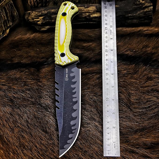 BA-KOR 12.4in Full Tang Fixed Blade Hunting Knife – 6mm 9CR18MoV Steel, G10 Handle, Stonewashed Sawback Blade with Kydex Sheath & Fire Starter for Outdoor, Camping, Survival (White and yellow stripes)