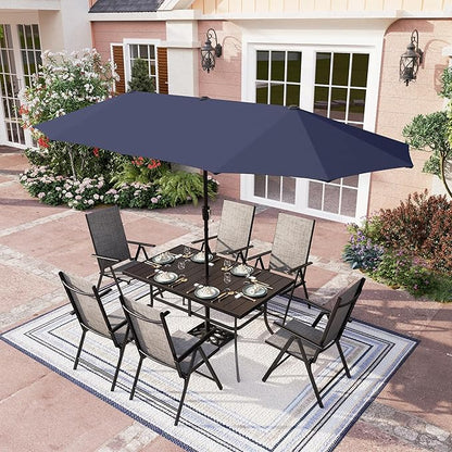 PHI VILLA 7 Piece Patio Dining Furniture Set with Umbrella, Outdoor Dining Set with Patio Table and Chairs Set, Adjustable Grey Folding Patio Chairs for Garden