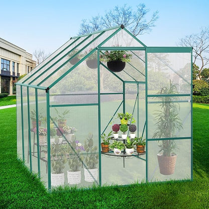 Favfurish 6x8FT Polycarbonate Walk-in Greenhouses, Heavy Duty Hobby Green House, Storage Shed with Sliding Doors & Adjustable Roof Vent, Aluminum Sunroom Hot House for Outdoor Garden Backyard