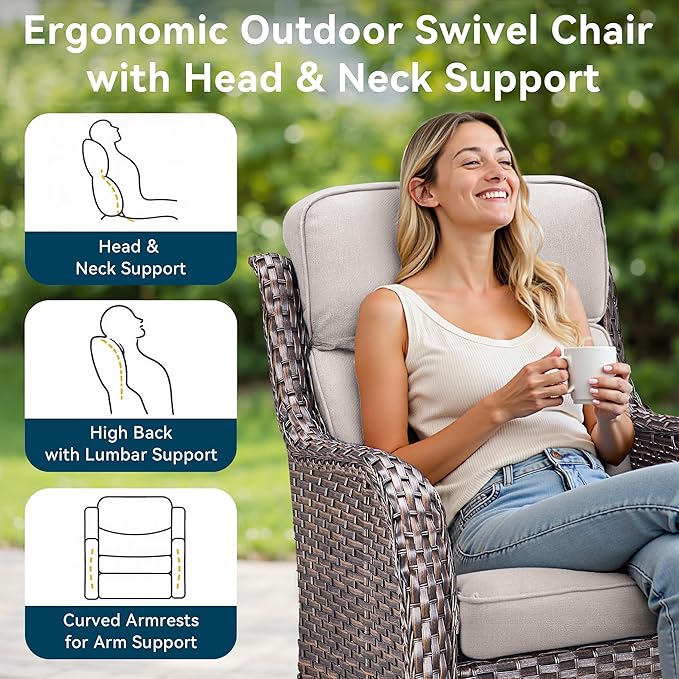 Luxury High Back Outdoor Furniture 6-Inch Thick Cushions with 50,000 BTU Gas Propane Fire Pit Tablet, Patio Furniture Set with Swivel Chairs, 6 PCS for Porch, Balcony, Deck and Yard