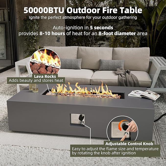 UPHA 56-inch Outdoor Propane Gas Fire Pit Table 50000 BTU Concrete Round FirePit for Outside Patio with Propane Tank Cover, Lava Rocks, Rain Cover, Grey