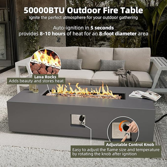 UPHA 56-inch Outdoor Propane Gas Fire Pit Table 50000 BTU Concrete Round FirePit for Outside Patio with Propane Tank Cover, Lava Rocks, Rain Cover, Grey
