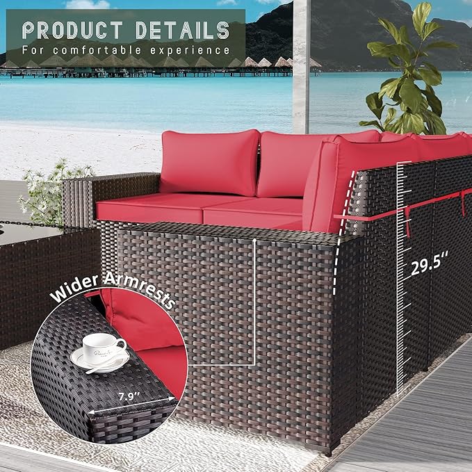 Outdoor Patio Furniture Set with Propane Fire Pit Table, 13 Pieces Outdoor Furniture Patio Sectional Sofa Conversation Sets w/ETL Approved 43" Gas Outdoor Fire Table & Coffee Table Red.