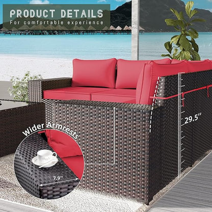 Outdoor Patio Furniture Set with Propane Fire Pit Table, 13 Pieces Outdoor Furniture Patio Sectional Sofa Conversation Sets w/ETL Approved 43" Gas Outdoor Fire Table & Coffee Table Red.