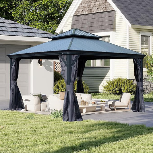 Outdoor Hardtop Gazebo for Patio 12x12FT with Resin-Galvanized Steel Roof, Metal Hard Top Gazebo with Gutters, Heavy Duty Gazebos All Season with Curtains & Netting, for Deck, Backyard, Hot Tub