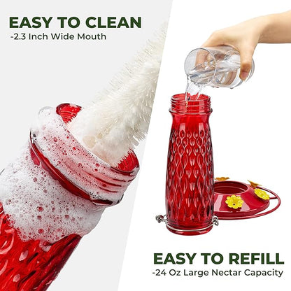 Kingsyard 2 Pack Glass Hummingbird Feeders for Outdoors Hanging, Wild Bird Nectar Feeder with 6 Feeding Ports, 24 oz Leak-Proof, Red (Ant Moat Included)