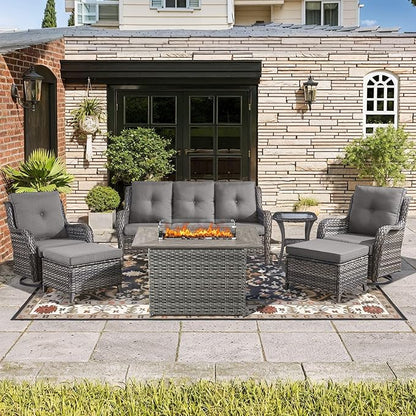 Wicker Outdoor Conversation Se with 50,000 BTU Gas Propane Fire Pit Tablet-7 Pieces Outdoor Wicker High Back Couch Patio Furniture for Deck Poolside Backyard