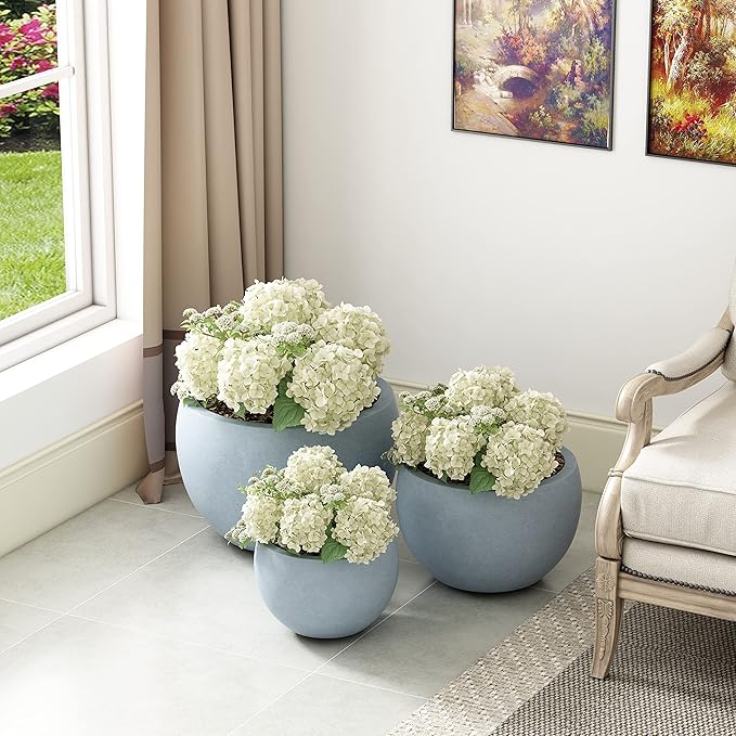 Kante 19.9",15.7",11.8" Dia Round Concrete Planter Set of 3, Outdoor/Indoor Large Bowl Plant Pots with Drainage Hole and Rubber Plug for Garden Patio Balcony Home, Gray