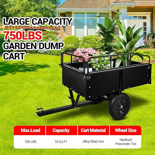 Heavy Duty Tow Behind Dump Cart - 900 Lb Capacity 15 Cu.Ft Steel Utility Trailer, Removable Sides, Foot-Operated Dump for ATVs, UTVs, Lawn Mowers, Garden Yard