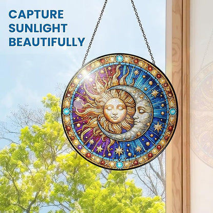 FLAGWIX Christmas Spiritual Gifts for Women Men - Stained Glass Window Hanging 8 in for Sun and Moon Decor - Sun Catchers Indoor Window, Boho Suncatchers for Celestial Decor, Christmas Decorations