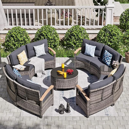 MEISSALIVVE 11 Piece Outdoor Patio Furniture Set, Half-Moon Curved Sectional Sofa Rattan Conversation Set with Wood Armrests, Coffee Table & 2 Side Table（Grey）