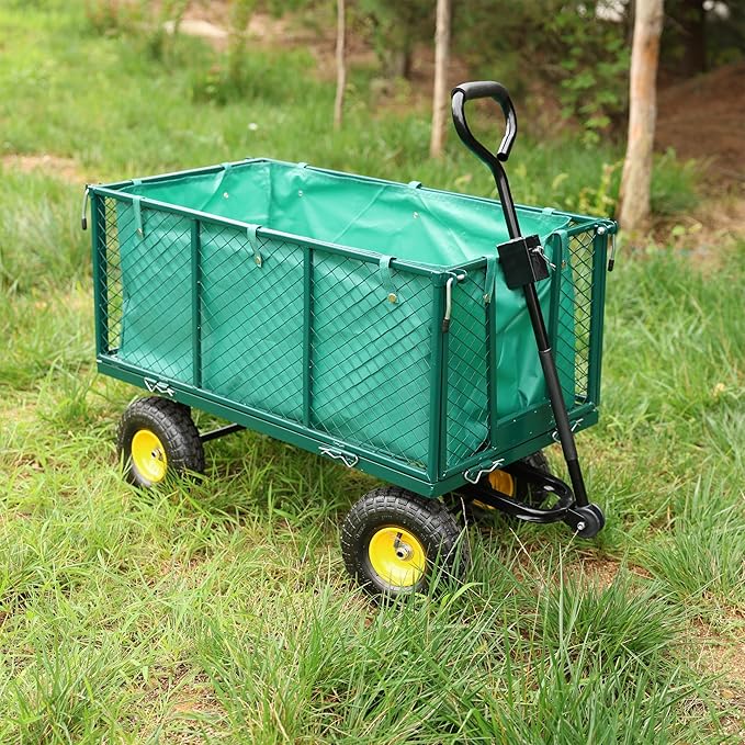 Heavy Duty Garden Wagon with Foldable Sides, Pneumatic Tires, Adjustable Handle (Green + Cloth Pocket)