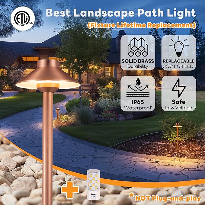 Gardenreet Low Voltage Landscape Lighting Brass, 2700K/3000K/4000K Adjustable 12v Pathway Lights Waterproof, Copper Path Light for Exterior Area Patio House with 3W 270LM G4 Bulb (6 Pack)