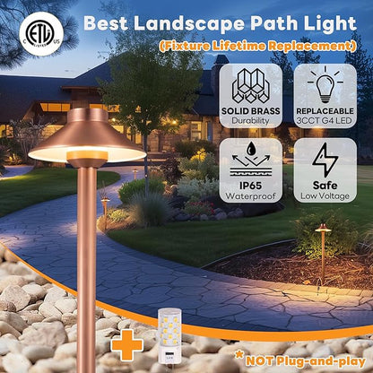 Gardenreet Low Voltage Landscape Lighting Brass, 2700K/3000K/4000K Adjustable 12v Pathway Lights Waterproof, Copper Path Light for Exterior Area Patio House with 3W 270LM G4 Bulb (6 Pack)
