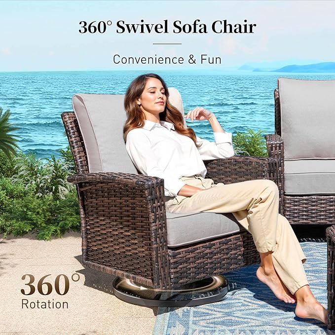 Patio Furniture Set with Swivel Chairs, High Back Wicker Rattan Set with 5.5" Thick Cushions, Fire Pit Table and Ottomans, All Weather Outdoor Conversation Set for Backyard Deck,9 Seats, Light Grey