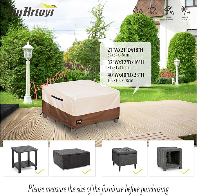Patio Ottoman Cover Waterproof Square Outdoor Ottoman Covers, 32W x 32D x 16H Inches Patio Furniture Covering Protector Outdoor Side Table Cover, Beige&Brown