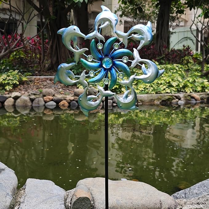 39" Dolphin Wind Spinners Metal Windmill Garden Stake,Ocean Theme Outdoor Wind Spinner,Wind Sculptures Yard Art Decorations for Patio,Lawn & Garden Decor