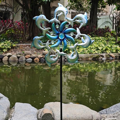 39" Dolphin Wind Spinners Metal Windmill Garden Stake,Ocean Theme Outdoor Wind Spinner,Wind Sculptures Yard Art Decorations for Patio,Lawn & Garden Decor
