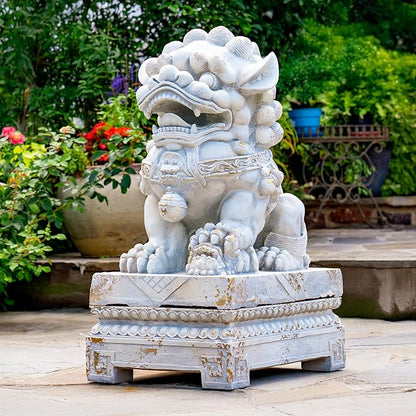 Zaer Ltd. Set of 2 Traditional Fu Dog Garden Statues, Chinese Guardian Lion Sculptures with Pedestals, Made with Magnesium-Cement (Distressed Gray)