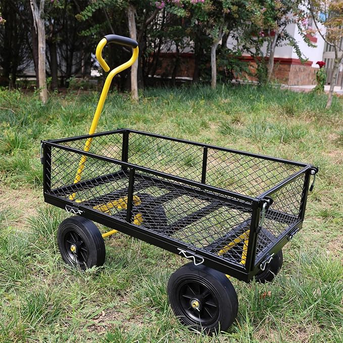 Heavy-Duty Solid Tire Garden Dump Cart - 4.86 cu. ft. Yard Wagon Cart with 600 LBS Capacity & Spacious Mesh Bed (37" x 19.5") - No-Flat Tires, Utility Wagon