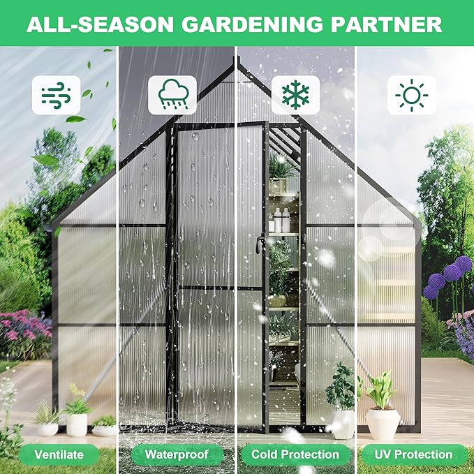 8 ft x12 ft Aluminum-Framed Polycarbonate Greenhouse, Heavy Duty Polycarbonate Greenhouse with Quick Setup Structure and Roof Vent, Large Enhanced Aluminum Green House Kit for Outdoors