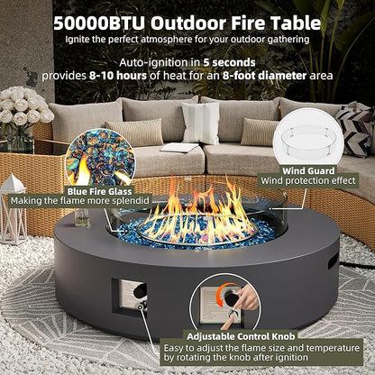 UPHA 42-inch Outdoor Propane Gas Fire Pit Table 50000 BTU Concrete Rectangle FirePit for Outside Patio with Propane Tank Cover, Wind Guad, Blue Glass Rocks, Rain Cover, Grey