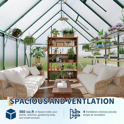8X10 ft Polycarbonate Greenhouse with Aluminum Frame, Polycarbonate Greenhouse for Outdoors, Greenhouses with Ventilation and Rain Gutter, Aluminum Large Walk-in Greenhouses for Outside