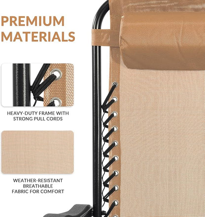 Elevon Zero Gravity Chair with Cup Holder & Removable Pillow, Adjustable Reclining Outdoor Patio Folding Chairs for Adults Portable Lounge Chair Furniture for Poolside, Lawn, Beach, Camping, Beige