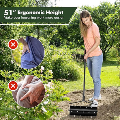 S AFSTAR 18" Manual Lawn Aerator, Heavy Duty Rolling Aerator Lawn Tool Filled Sand Stone with 51" Detachable Handle & Tine Spikes for Soil Loosening, Push Grass Aeration for Garden Yard, Black
