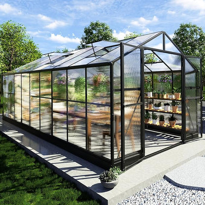 AMERLIFE 8x18x7FT Polycarbonate Greenhouse, Walk in Greenhouse with Quick-Connect System, Green House with 4 Windows and Swing Lockable Door, Greenhouses for Outdoors, Sunroom Black