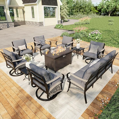 10 Pieces Patio Conversation Sets, All Weather Metal Outdoor Furniture Set, 3-Seater, 4 Swivel Rockers, 2 Single Chairs, 2 Side Tables, 1 Fire Pit Table for Backyard Garden Deck Porch Poolside, Gray