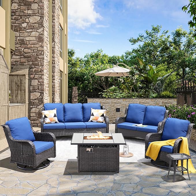 HOOOWOOO Patio Outdoor Furniture with Large Fire Pit Table,High Back 6 Piece Wicker Patio Conversation Set with Swivel Chairs,7 Person Couch Sofa Seating,Navy Blue