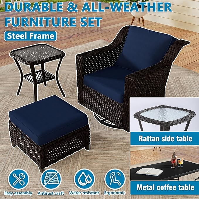 Vista Vibe 5 Pieces Outdoor Rattan Patio Conversation Furniture Set - 360 Degree Swivel Glider Rocker Chairs | Coffee Table | 2 Wicker Ottomans, Premium & Washable Cushions, Terrace (Brown/Navy)