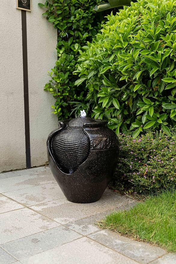 17.7 in. Glazed Pot Water Fountain with LED Light, Provide Indoor and Outdoor Water Features for Gardens、Backyard、Living Rooms、 Offices (Black Gold)