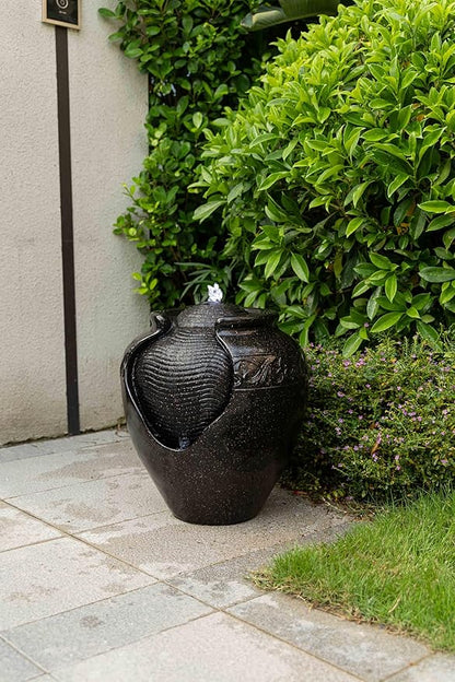 17.7 in. Glazed Pot Water Fountain with LED Light, Provide Indoor and Outdoor Water Features for Gardens、Backyard、Living Rooms、 Offices (Black Gold)