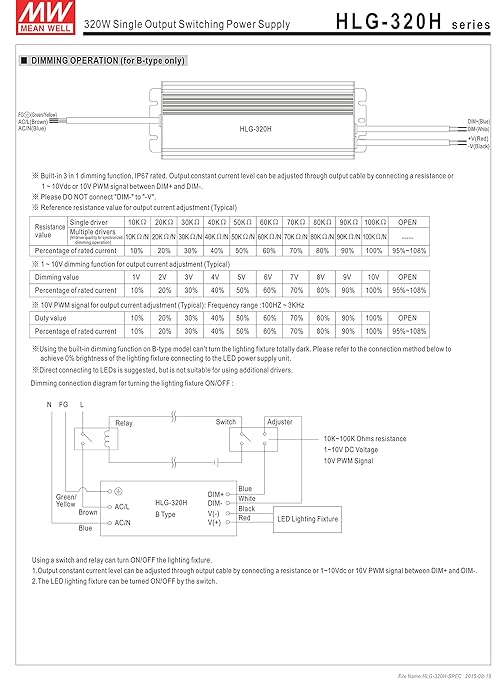 MEAN WELL HLG-320H-42B Switching LED Driver Power Supply, Current Adjustable by Output Cable, 42 Volt, 7650 mA, 321 Watt