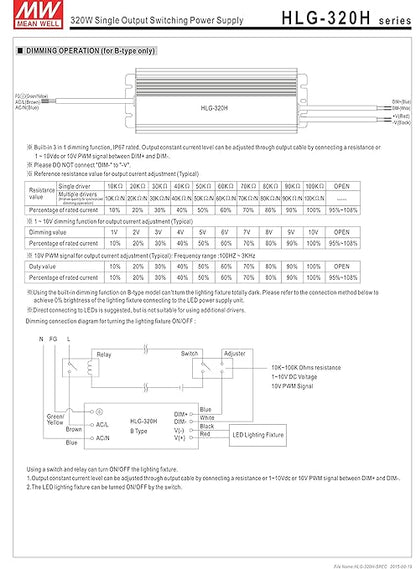 MEAN WELL HLG-320H-42B Switching LED Driver Power Supply, Current Adjustable by Output Cable, 42 Volt, 7650 mA, 321 Watt