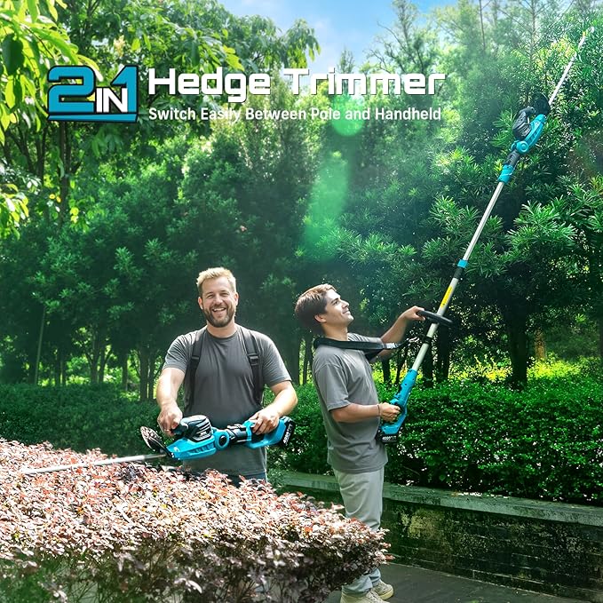 SEESII Pole & Cordless Hedge Trimmer 2-in-1: Electric Bush Trimmer with 20" Dual-Action Blade - 2 Pcs 4.0Ah Batteries, Telescopic Pole, Adjustable Rotating Head, Handheld Hedge Cutter for Tree Shrubs