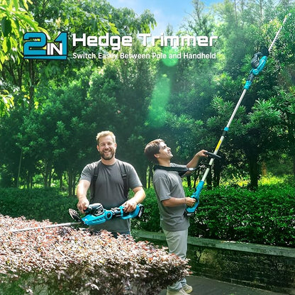 SEESII Pole & Cordless Hedge Trimmer 2-in-1: Electric Bush Trimmer with 20" Dual-Action Blade - 2 Pcs 4.0Ah Batteries, Telescopic Pole, Adjustable Rotating Head, Handheld Hedge Cutter for Tree Shrubs