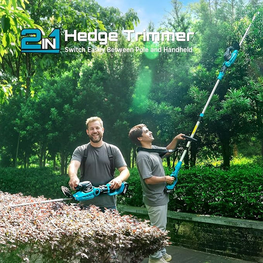 SEESII Pole & Cordless Hedge Trimmer 2-in-1: Electric Bush Trimmer with 20" Dual-Action Blade - 2 Pcs 4.0Ah Batteries, Telescopic Pole, Adjustable Rotating Head, Handheld Hedge Cutter for Tree Shrubs